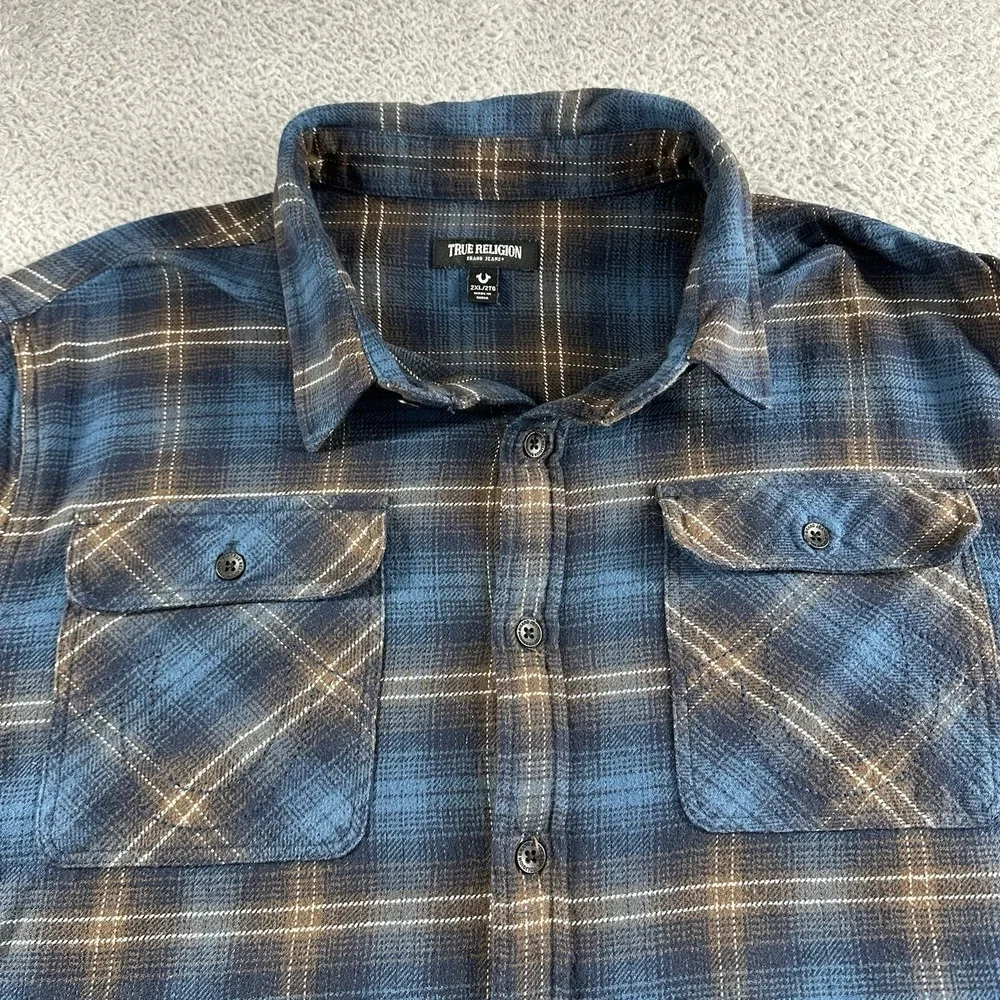 True Religion Shirt Mens 2x Blue Logo Workwear‎ Woven Plaid Flannel Utility